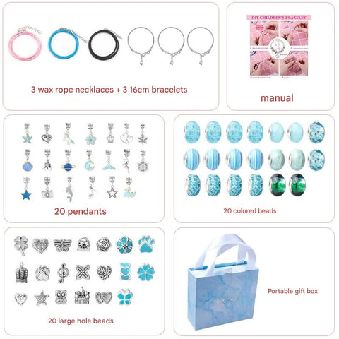 Unicorn DIY Bracelet Kit Crystal Beads Charms Jewellery Gift Box Blue