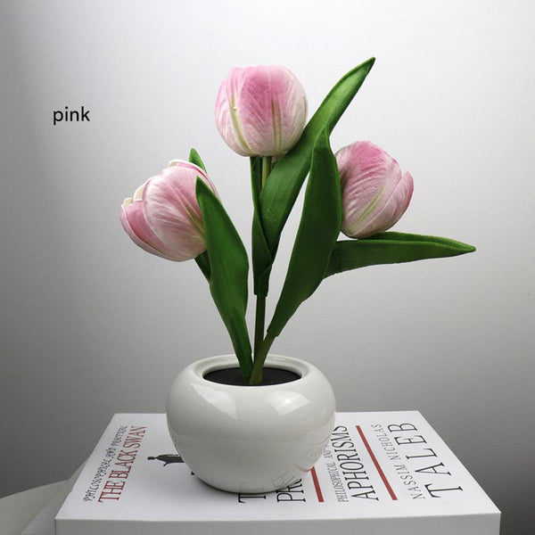Tulip Flowers Ceramic Pot USB Bedside Table Night Light Lamp 20cm Pink