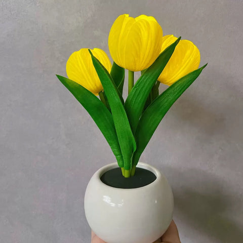 Tulip Flowers Ceramic Pot USB Bedside Table Night Light Lamp 20cm Yellow