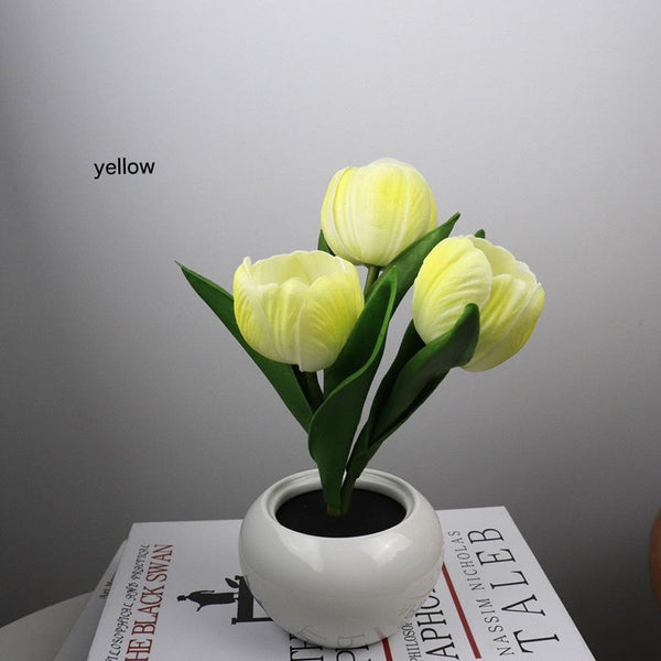Tulip Flowers Ceramic Pot USB Bedside Table Night Light Lamp 20cm Yellow