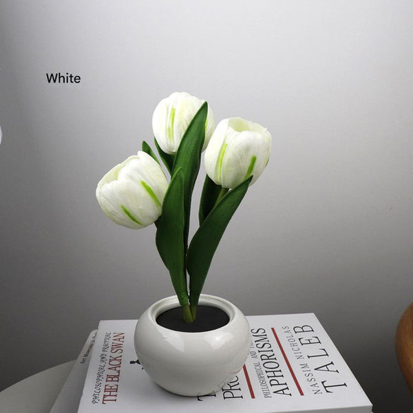 Tulip Flowers Ceramic Pot USB Bedside Table Night Light Lamp 20cm White
