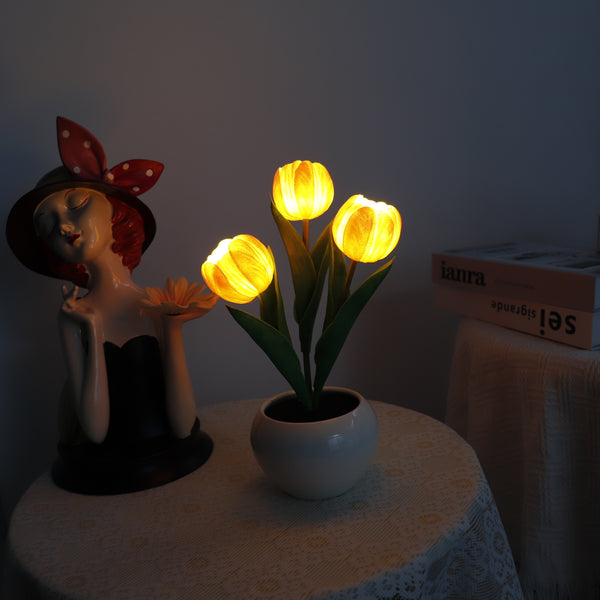 Tulip Flowers Ceramic Pot USB Bedside Table Night Light Lamp 20cm Orange
