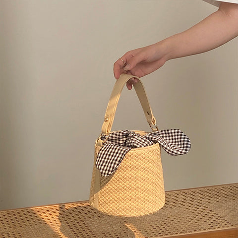 Woven Straw Bucket Crossbody Shoulder Bag Gingham Bow Accent Top Handle
