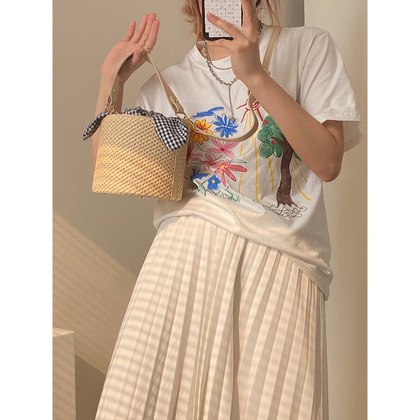 Woven Straw Bucket Crossbody Shoulder Bag Gingham Bow Accent Top Handle
