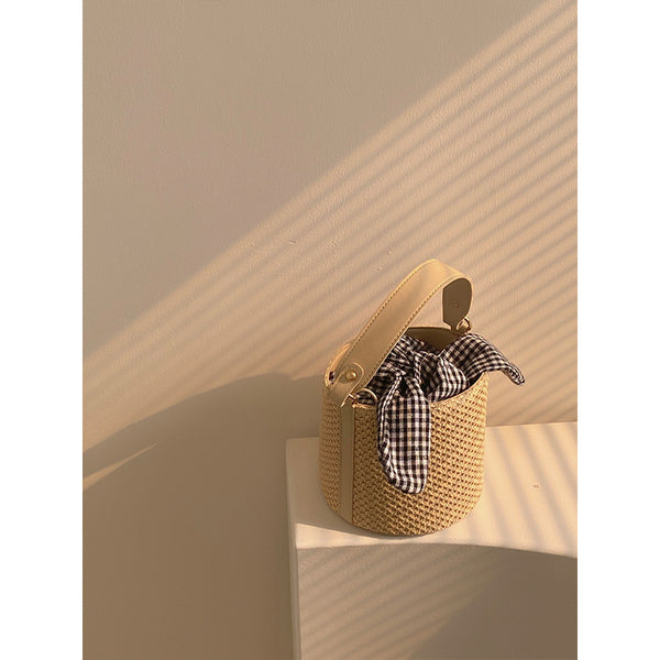 Woven Straw Bucket Crossbody Shoulder Bag Gingham Bow Accent Top Handle