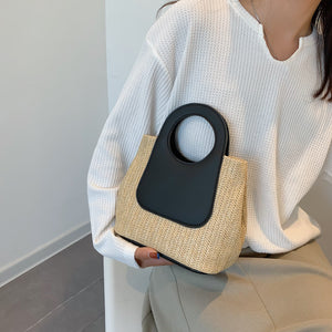 Woven Retro Straw Tote Bag Handbag Contrast Panel PU Leather Handles