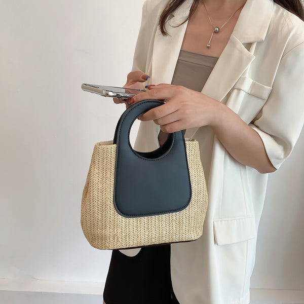 Woven Retro Straw Tote Bag Handbag Contrast Panel PU Leather Handles