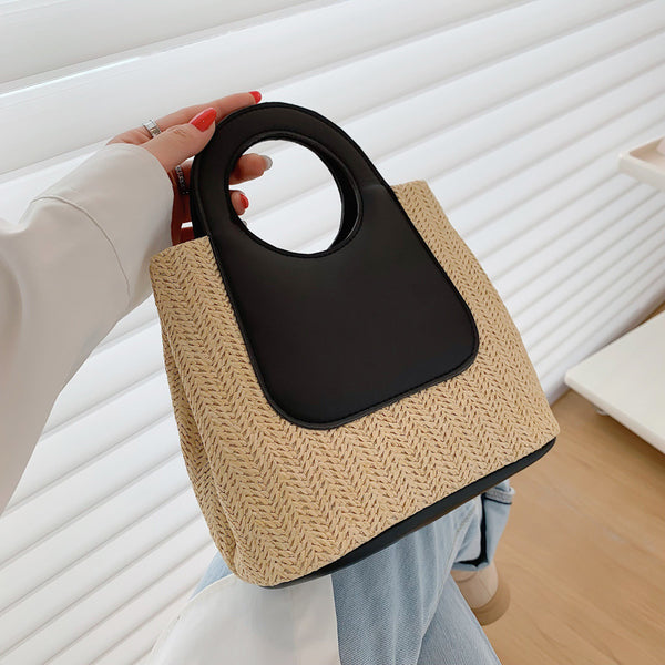 Woven Retro Straw Tote Bag Handbag Contrast Panel PU Leather Handles