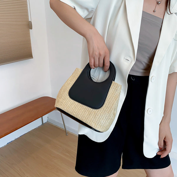 Woven Retro Straw Tote Bag Handbag Contrast Panel PU Leather Handles