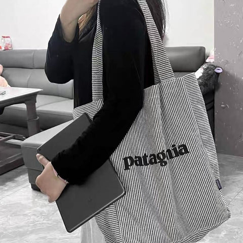 Vertical Striped Canvas Tote Shoulder Bag Casual Shopping 28 x 35 x 15cm