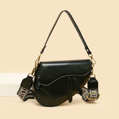 Faux PU Leather Saddle Crossbody Underam Shoulder Bag Wide Guitar Strap Black