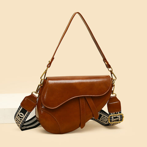 Faux PU Leather Saddle Crossbody Underam Shoulder Bag Wide Guitar Strap Brown
