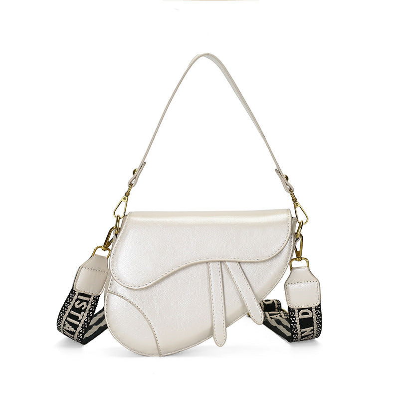 Faux PU Leather Saddle Crossbody Underam Shoulder Bag Wide Guitar Strap White