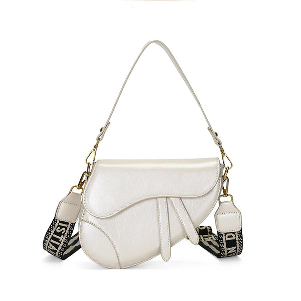 Faux PU Leather Saddle Crossbody Underam Shoulder Bag Wide Guitar Strap White