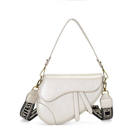 Faux PU Leather Saddle Crossbody Underam Shoulder Bag Wide Guitar Strap White