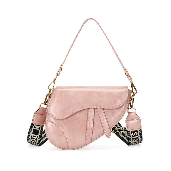 Faux PU Leather Saddle Crossbody Underam Shoulder Bag Wide Guitar Strap Pink