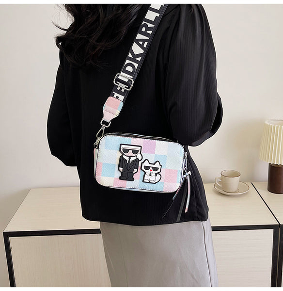 3D Cartoon Doodle Print Faux PU Leather Crossbody Camera Bag Handbag Pink