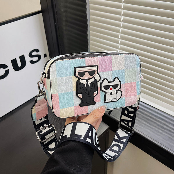 3D Cartoon Doodle Print Faux PU Leather Crossbody Camera Bag Handbag Pink