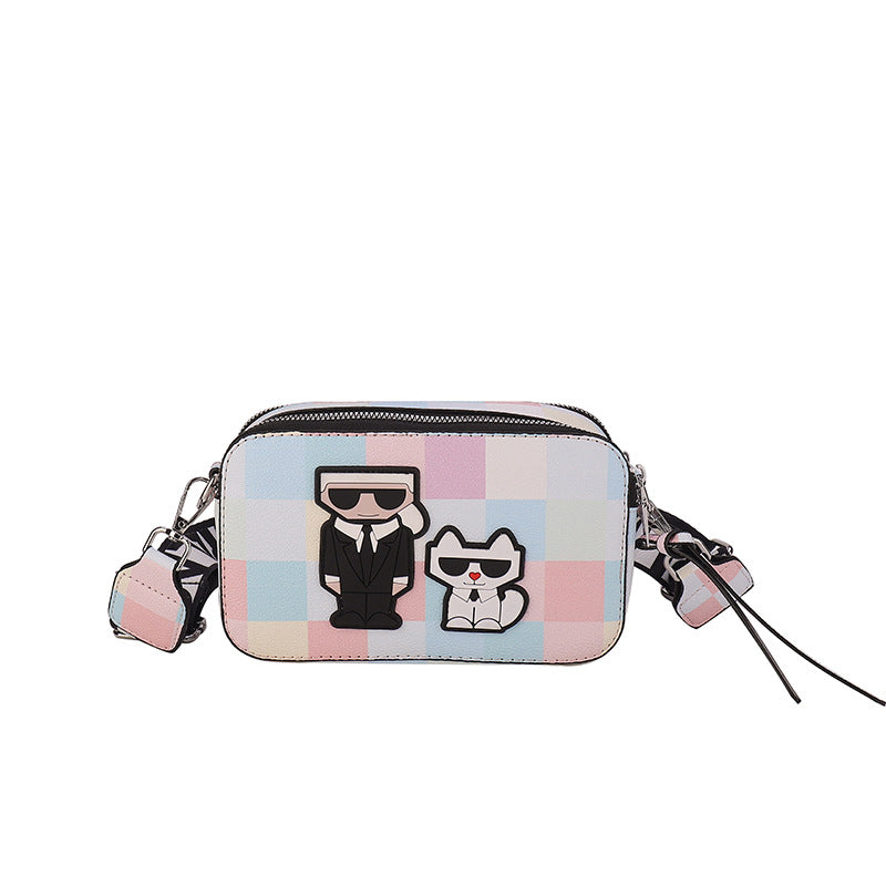 3D Cartoon Doodle Print Faux PU Leather Crossbody Camera Bag Handbag Pink