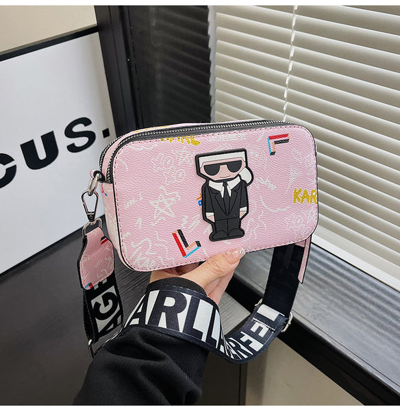3D Cartoon Doodle Print Faux PU Leather Crossbody Camera Bag Handbag Pink