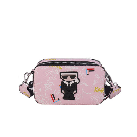 3D Cartoon Doodle Print Faux PU Leather Crossbody Camera Bag Handbag Pink