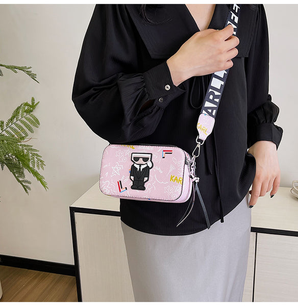 3D Cartoon Doodle Print Faux PU Leather Crossbody Camera Bag Handbag Pink