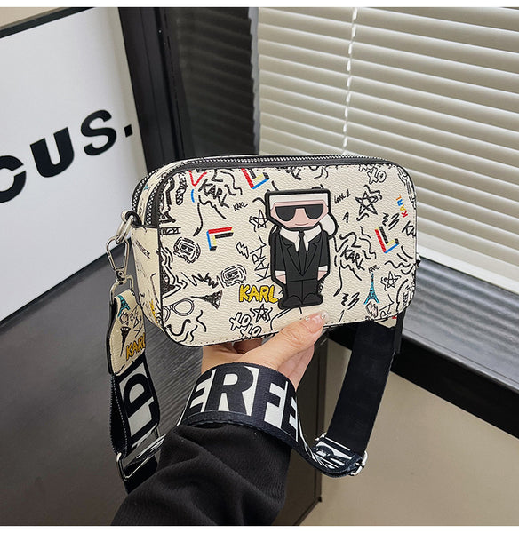 3D Cartoon Doodle Print Faux PU Leather Crossbody Camera Bag Handbag Beige