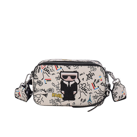 3D Cartoon Doodle Print Faux PU Leather Crossbody Camera Bag Handbag Beige