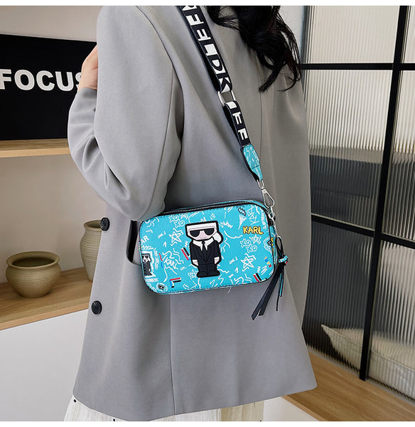3D Cartoon Doodle Print Faux PU Leather Crossbody Camera Bag Handbag Blue