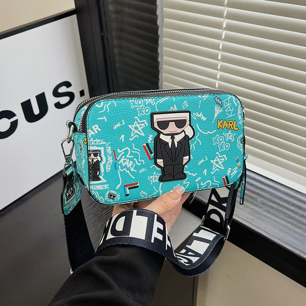 3D Cartoon Doodle Print Faux PU Leather Crossbody Camera Bag Handbag Blue