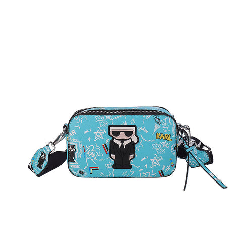 3D Cartoon Doodle Print Faux PU Leather Crossbody Camera Bag Handbag Blue