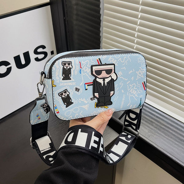 3D Cartoon Doodle Print Faux PU Leather Crossbody Camera Bag Handbag Blue