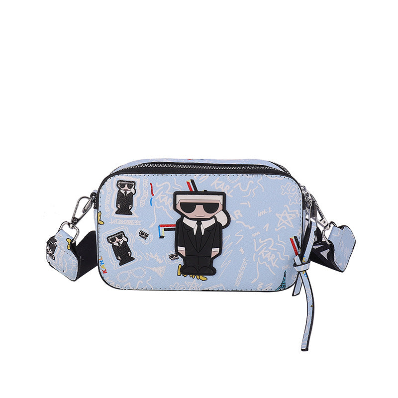 3D Cartoon Doodle Print Faux PU Leather Crossbody Camera Bag Handbag Blue
