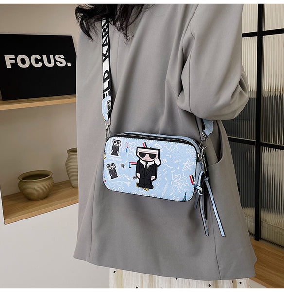 3D Cartoon Doodle Print Faux PU Leather Crossbody Camera Bag Handbag Blue