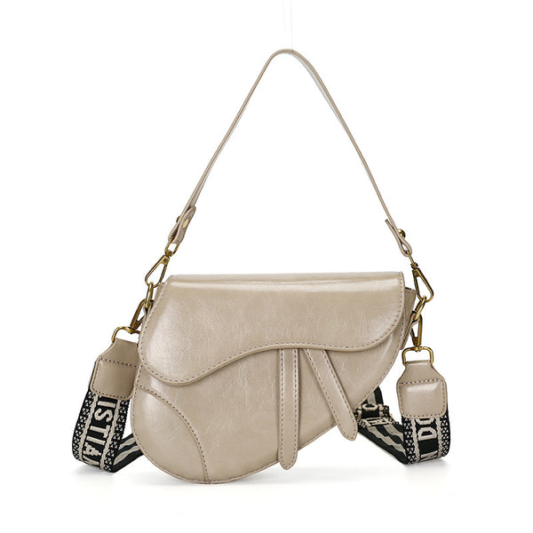 Faux PU Leather Saddle Crossbody Underam Shoulder Bag Wide Guitar Strap Khaki