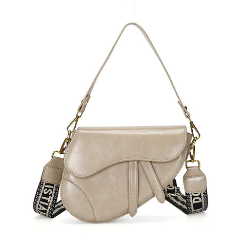 Faux PU Leather Saddle Crossbody Underam Shoulder Bag Wide Guitar Strap Khaki