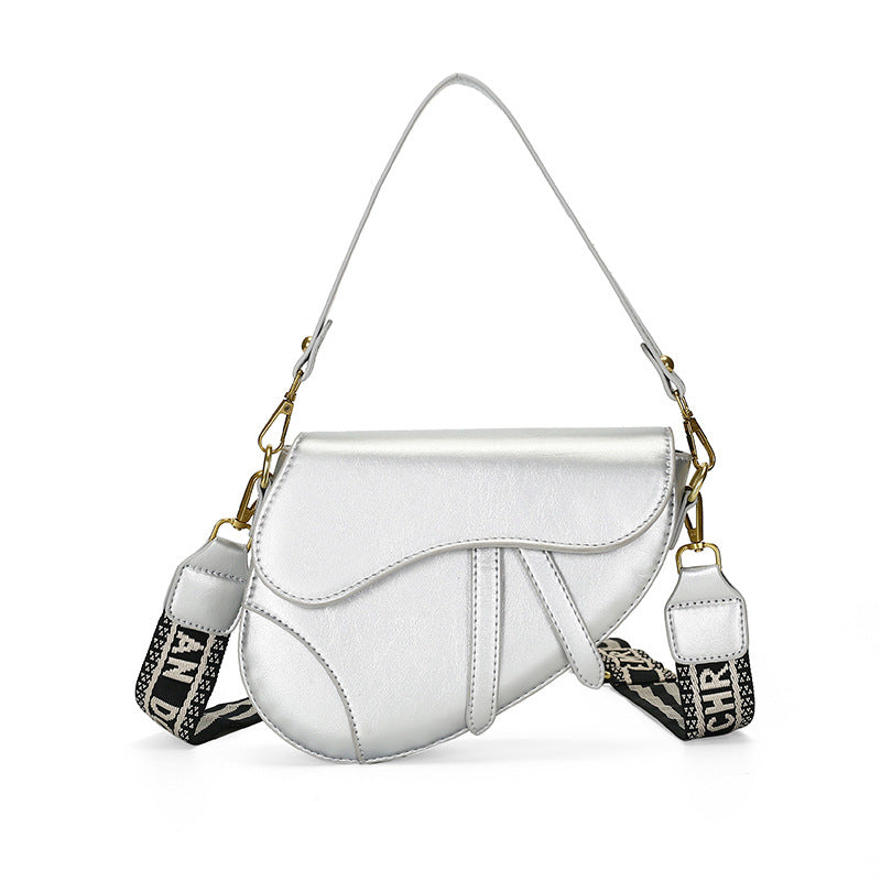 Faux PU Leather Saddle Crossbody Underam Shoulder Bag Wide Guitar Strap Silver