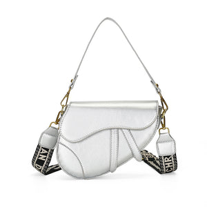 Faux PU Leather Saddle Crossbody Underam Shoulder Bag Wide Guitar Strap Silver