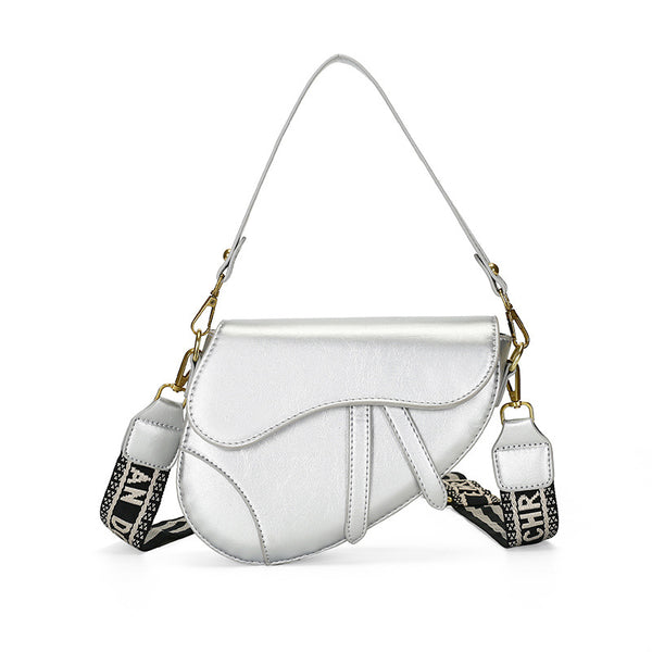 Faux PU Leather Saddle Crossbody Underam Shoulder Bag Wide Guitar Strap Silver