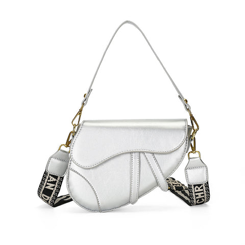 Faux PU Leather Saddle Crossbody Underam Shoulder Bag Wide Guitar Strap Silver