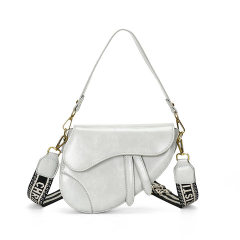 Faux PU Leather Saddle Crossbody Underam Shoulder Bag Wide Guitar Strap Grey