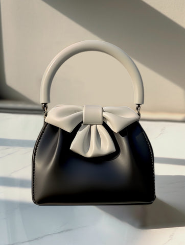 Statement Bow Mini PU Leather Handbag Top Handle Black White