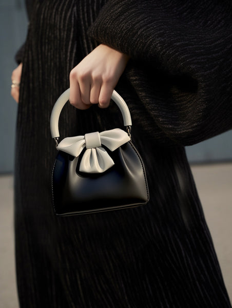 Statement Bow Mini PU Leather Handbag Top Handle Black White