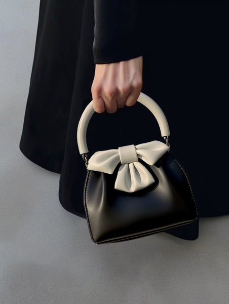 Statement Bow Mini PU Leather Handbag Top Handle Black White