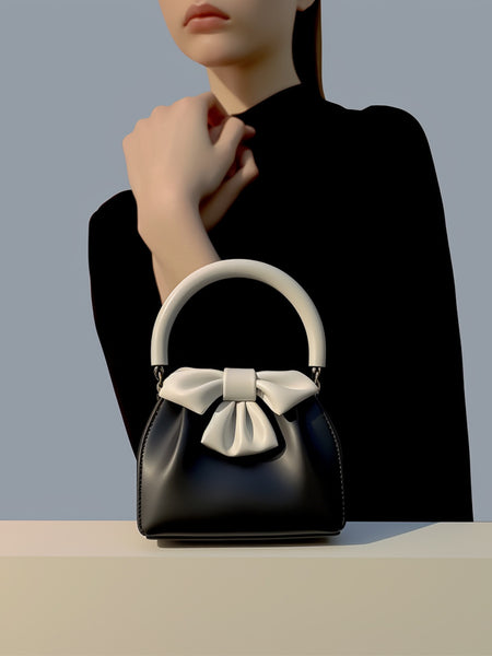 Statement Bow Mini PU Leather Handbag Top Handle Black White