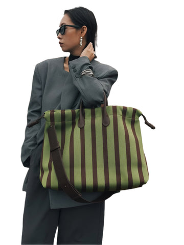Large Capacity Canvas Tote Shoulder Crossbody Bag Drawstring Top Green Stripe