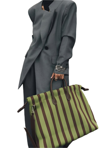Large Capacity Canvas Tote Shoulder Crossbody Bag Drawstring Top Green Stripe