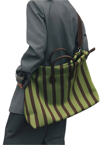 Large Capacity Canvas Tote Shoulder Crossbody Bag Drawstring Top Green Stripe