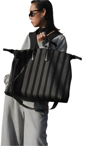 Large Capacity Canvas Tote Shoulder Crossbody Bag Drawstring Top Grey Stripe