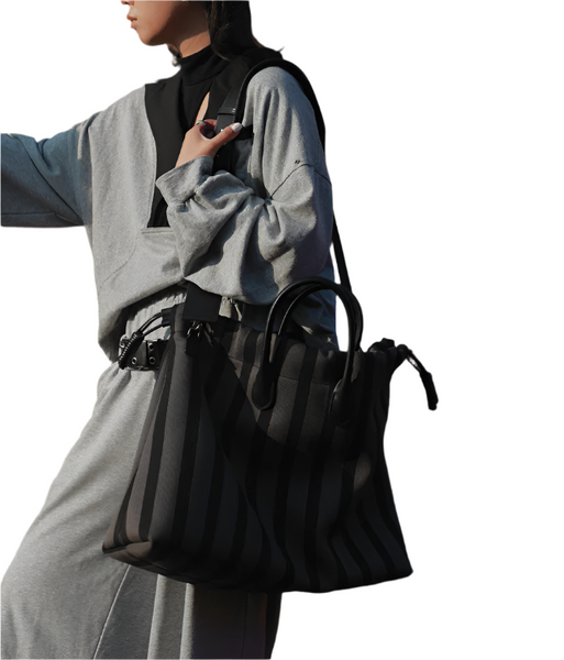 Large Capacity Canvas Tote Shoulder Crossbody Bag Drawstring Top Grey Stripe
